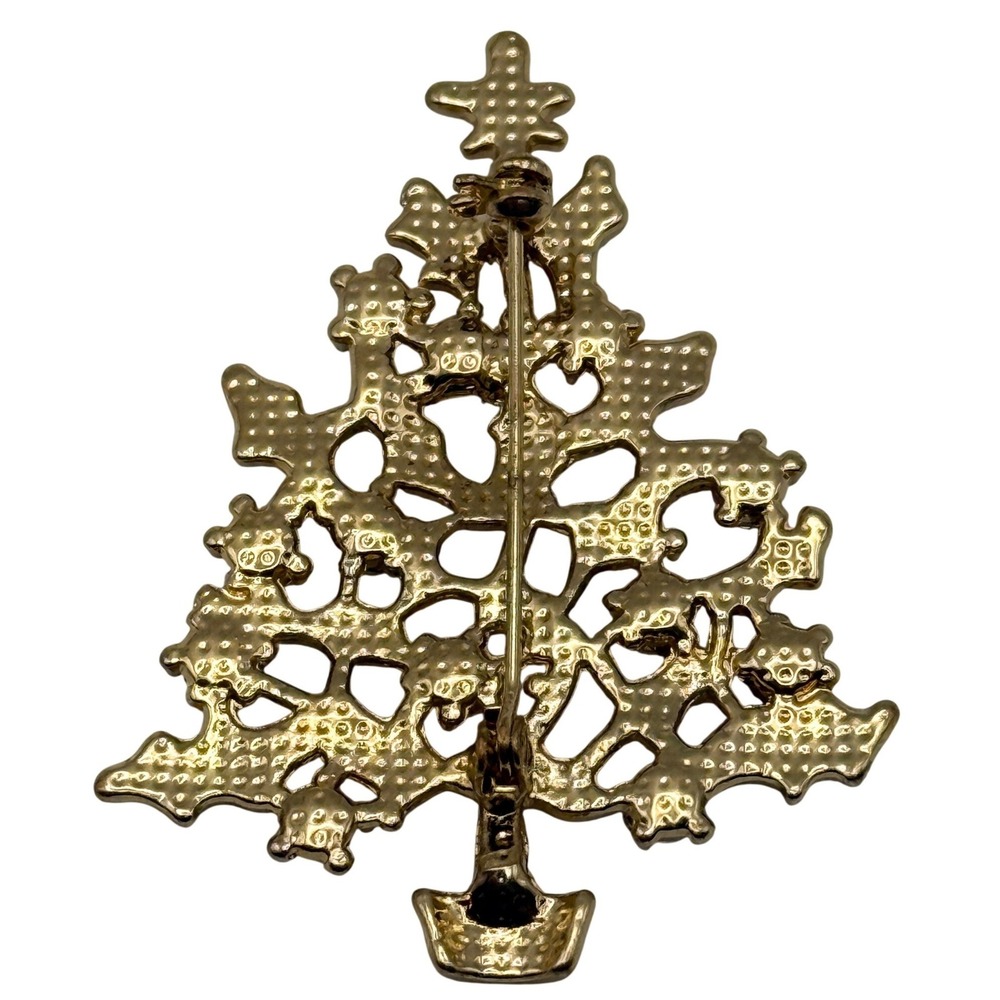 Vintage Christmas Tree Brooch Gold Tone Rhinestone Holiday Pin Red Blue Green - Picture 2 of 4